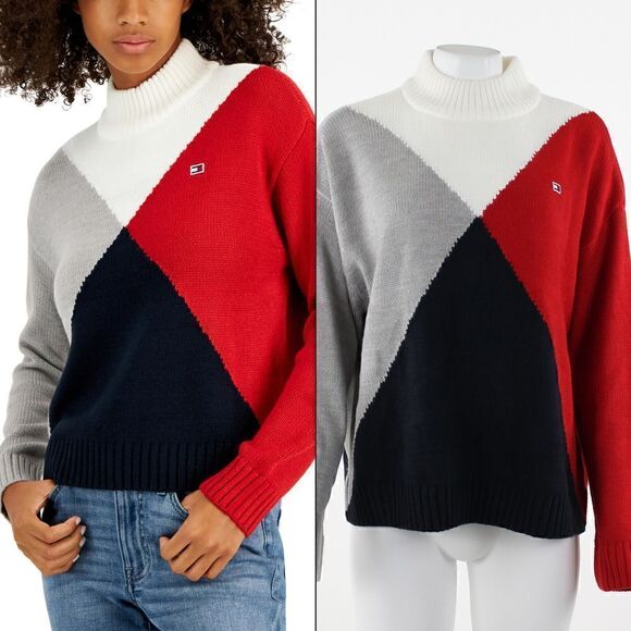 Tommy Hilfiger Diamond-Print Mock-Neck Sweater - Ivory  Heather Grey - Picture 1 of 5